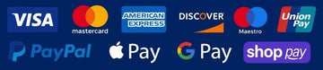  Trusted payment options including major credit cards, PayPal, Apple Pay, Google Pay, and Shop Pay
